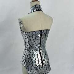 Stunning Silver Mirrored Bodysuit with Over-the-Knee Boots - Festival Rave Outfit, Coachella Party Dress, NightClubWear,disco ball bodysuit