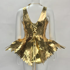 Futuristic Attire Golden Metallic Bodysuit Mirror Costume Runway Show Outfit Rave Reflective Dress, Sexy Bodysuit, Shiny Club Wear