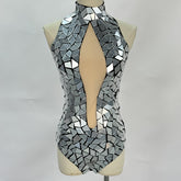 Stunning Silver Mirrored Bodysuit with Over-the-Knee Boots - Festival Rave Outfit, Coachella Party Dress, NightClubWear,disco ball bodysuit