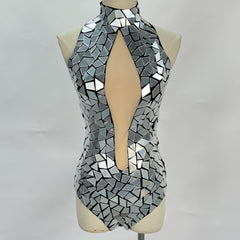 Stunning Silver Mirrored Bodysuit with Over-the-Knee Boots - Festival Rave Outfit, Coachella Party Dress, NightClubWear,disco ball bodysuit