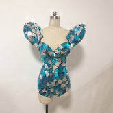 Mirror Futuristic Rave Jumpsuit EDM Burning Man Outfit Nightclub Gogo Wear Party Attire Shoulder High Slit Costume