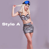 Holographic Mini Top and Skirt Mirror Outfit Shiny Suit Set Disco Ball Wear Glitter Dancewear Rave Reflective Suit Burning Man Outfit