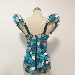 Mirror Futuristic Rave Jumpsuit EDM Burning Man Outfit Nightclub Gogo Wear Party Attire Shoulder High Slit Costume