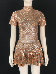 One-Size Shell Sequin Mini Dress: Mermaid Bodycon Nightclub Party Dress | High Neck Short Sleeve