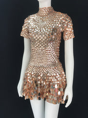 One-Size Shell Sequin Mini Dress: Mermaid Bodycon Nightclub Party Dress | High Neck Short Sleeve