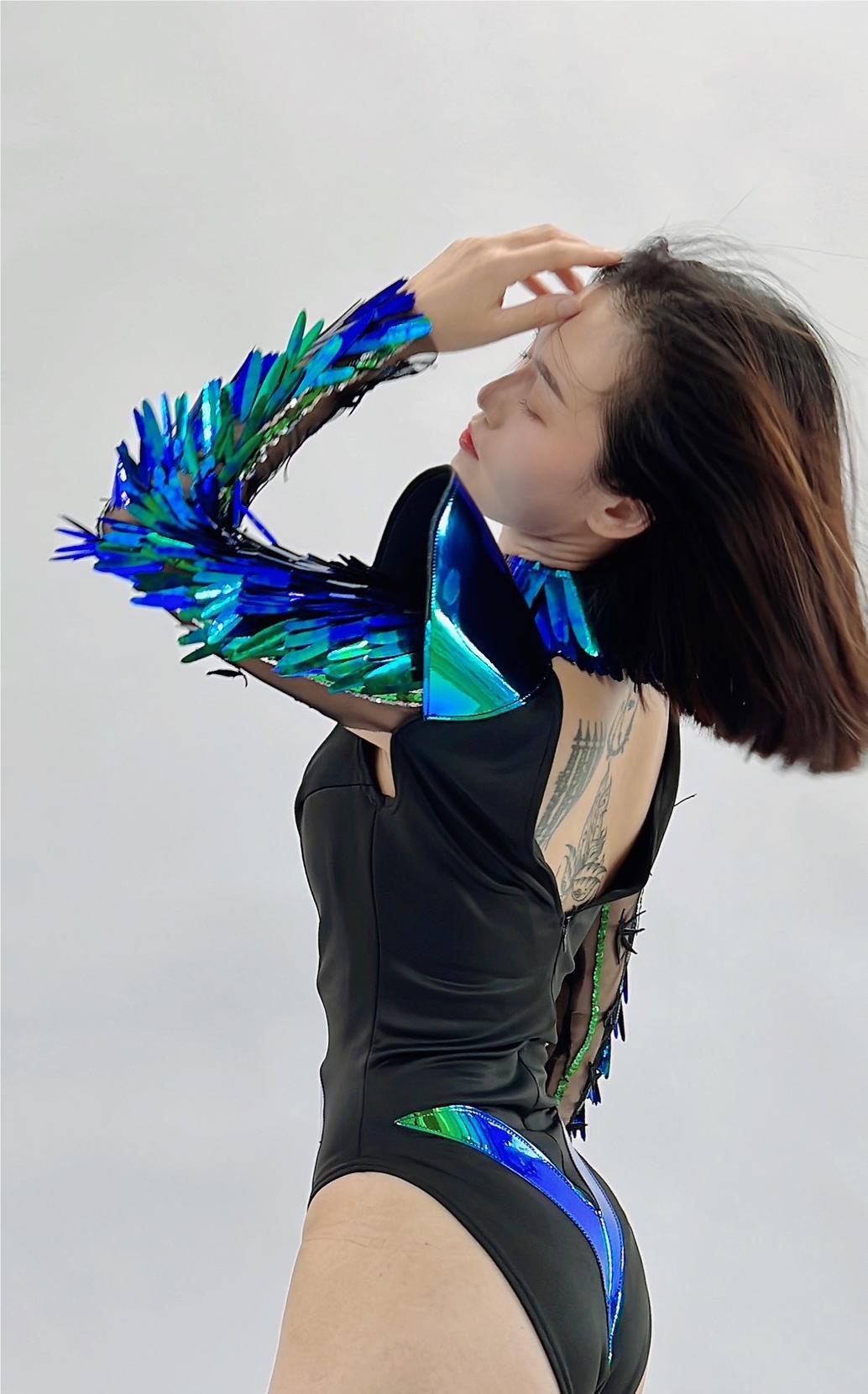Dazzling Holographic High Slit Catsuit - Metallic Futuristic Jumpsuit for Unforgettable Party & Rave Outfits, Unique Dress, dancer wear