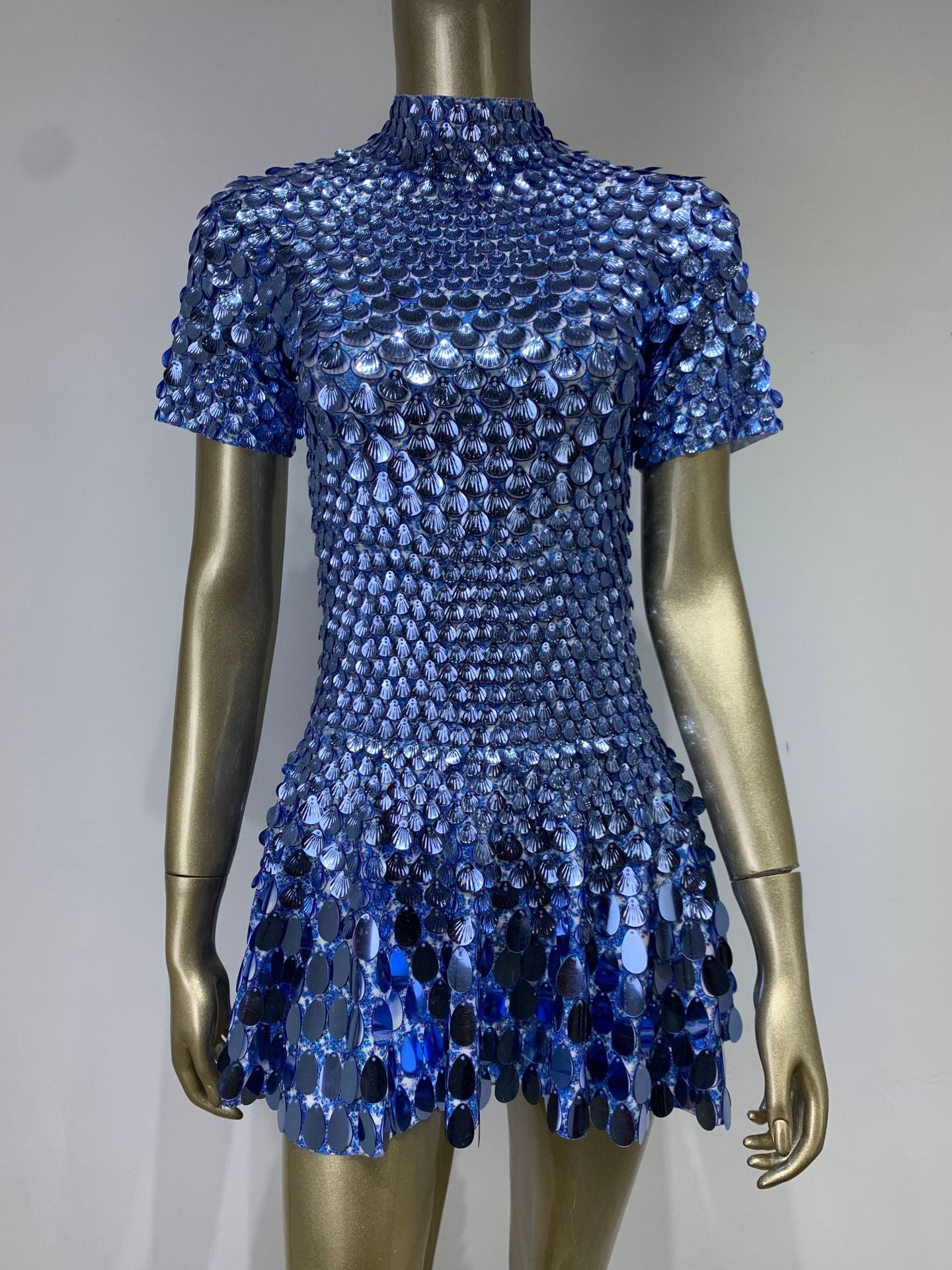 One-Size Shell Sequin Mini Dress: Mermaid Bodycon Nightclub Party Dress | High Neck Short Sleeve