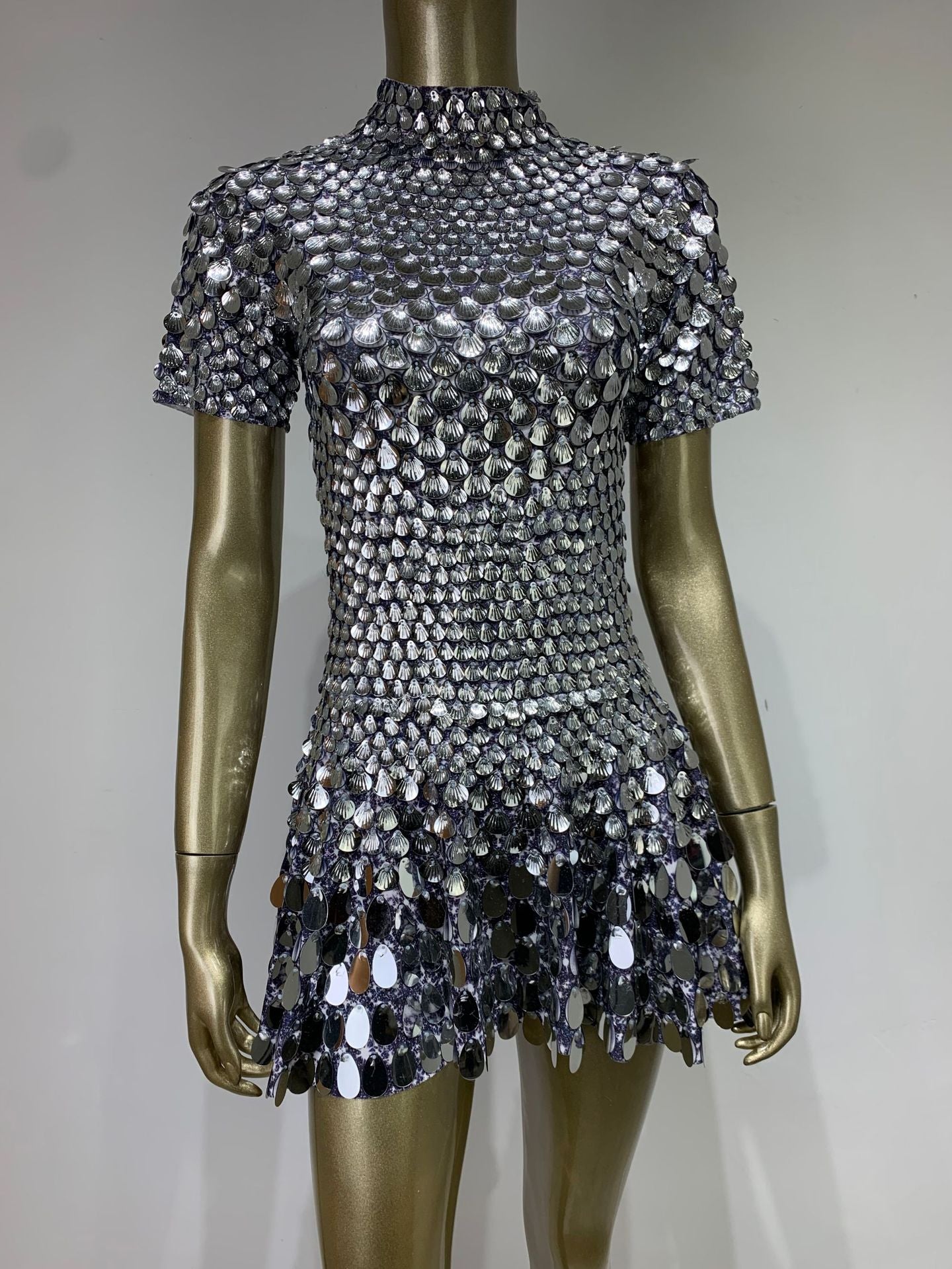 One-Size Shell Sequin Mini Dress: Mermaid Bodycon Nightclub Party Dress | High Neck Short Sleeve