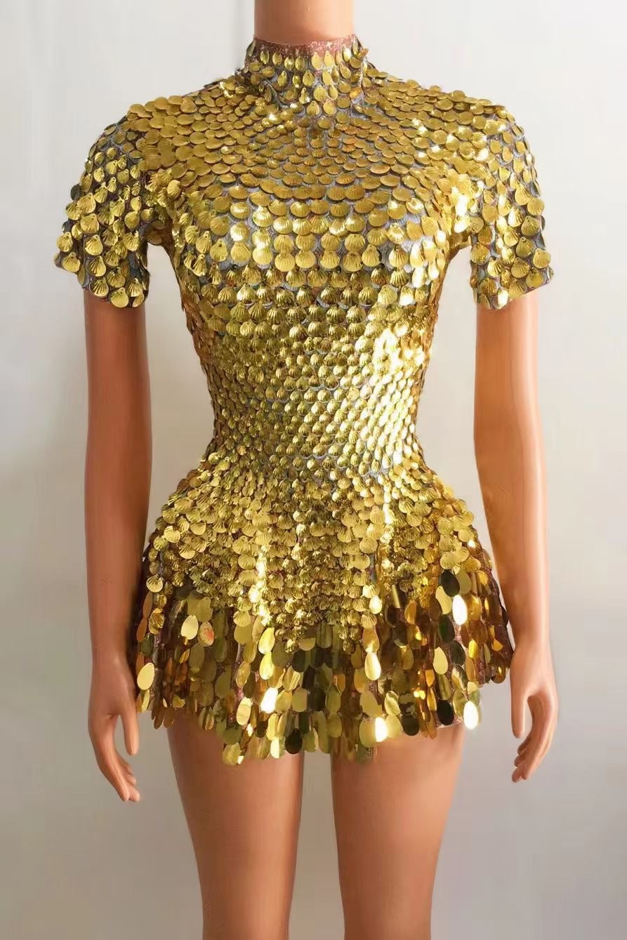 One-Size Shell Sequin Mini Dress: Mermaid Bodycon Nightclub Party Dress | High Neck Short Sleeve