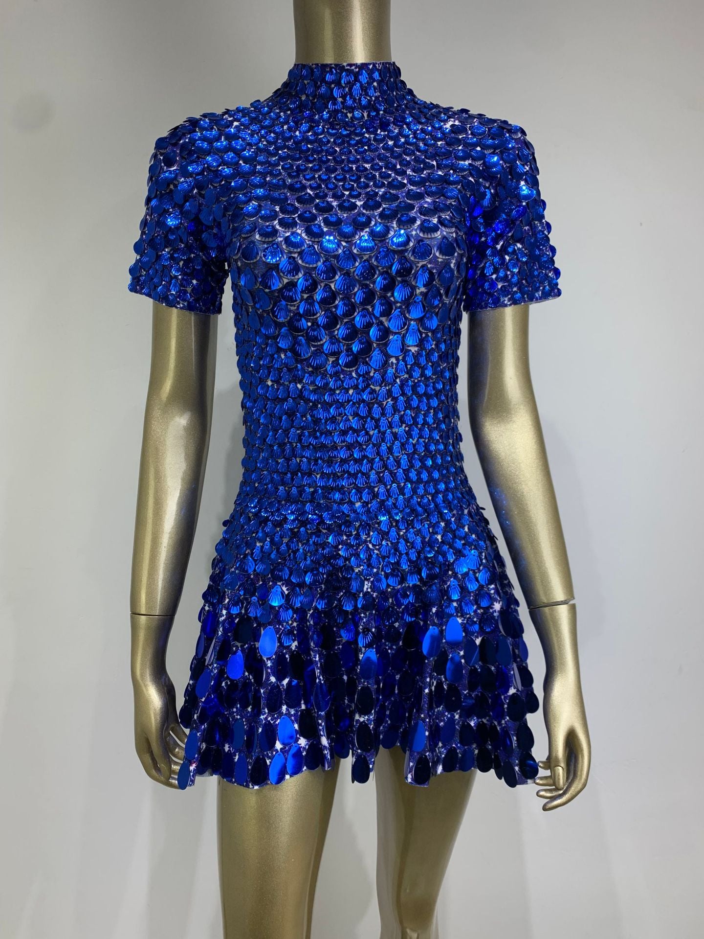 One-Size Shell Sequin Mini Dress: Mermaid Bodycon Nightclub Party Dress | High Neck Short Sleeve