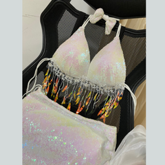 Holographic Sequins Iridescent White Mermaid Long Tail Swimsuit with Fringe Halter Bra