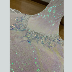 Holographic Sequins Iridescent White Mermaid Long Tail Swimsuit with Fringe Halter Bra