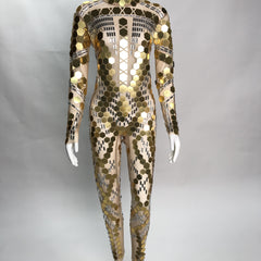 Shimmering Mirror Sequin Skin-Tone Catsuit | Long Sleeve Full-Length Performance Wear for Stage, Parties, and Special