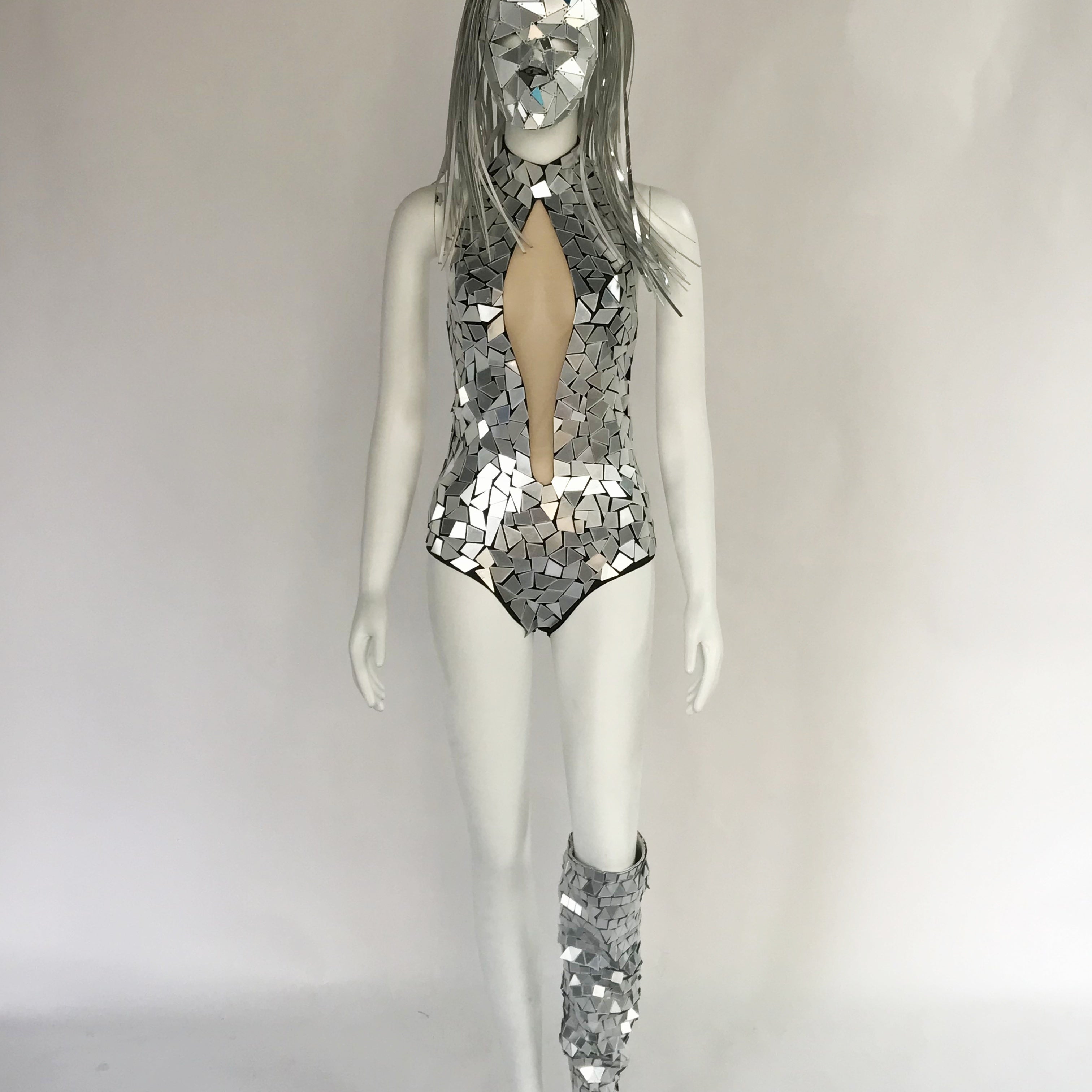 Stunning Silver Mirrored Bodysuit with Over-the-Knee Boots - Festival Rave Outfit, Coachella Party Dress, NightClubWear,disco ball bodysuit