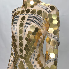 Shimmering Mirror Sequin Skin-Tone Catsuit | Long Sleeve Full-Length Performance Wear for Stage, Parties, and Special