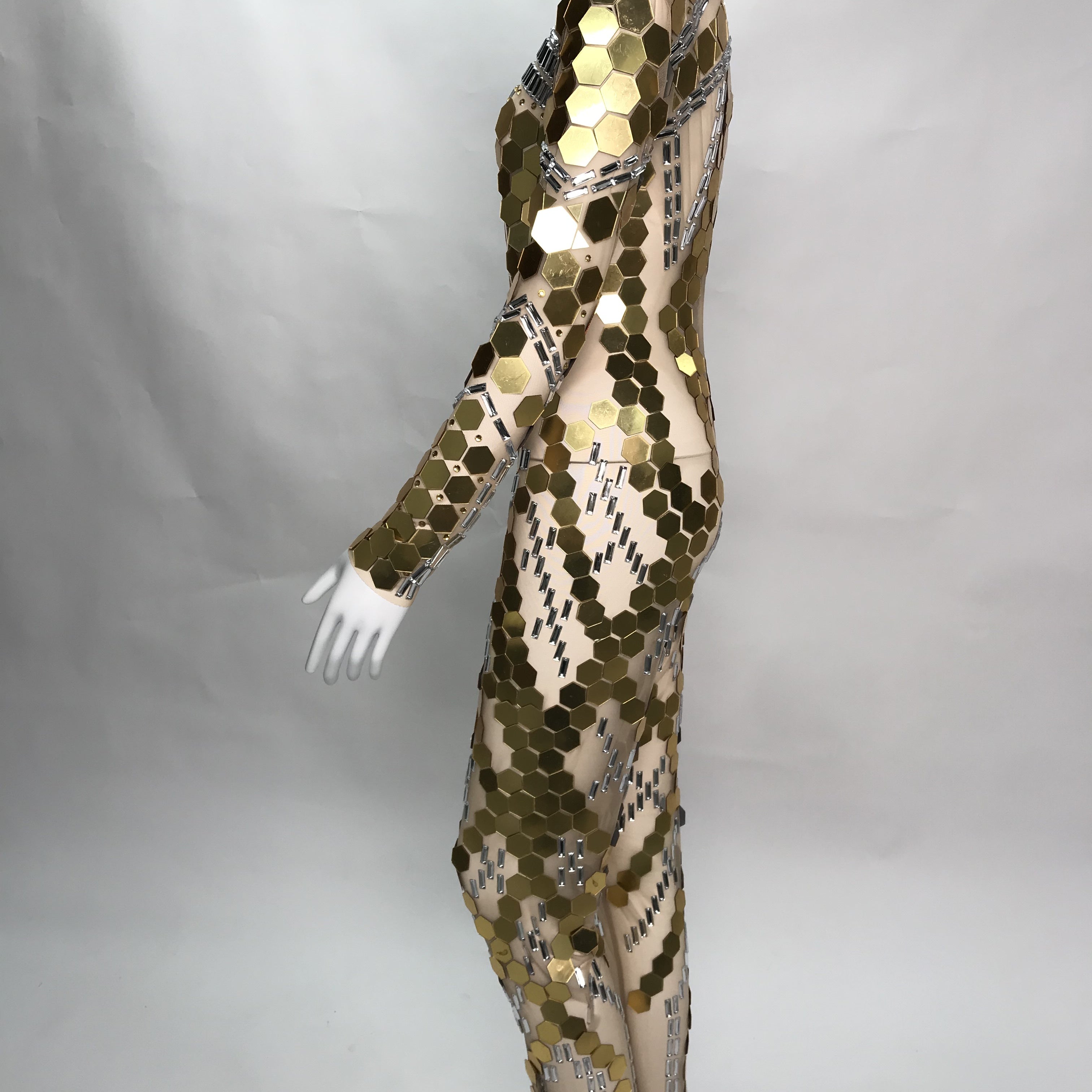 Shimmering Mirror Sequin Skin-Tone Catsuit | Long Sleeve Full-Length Performance Wear for Stage, Parties, and Special