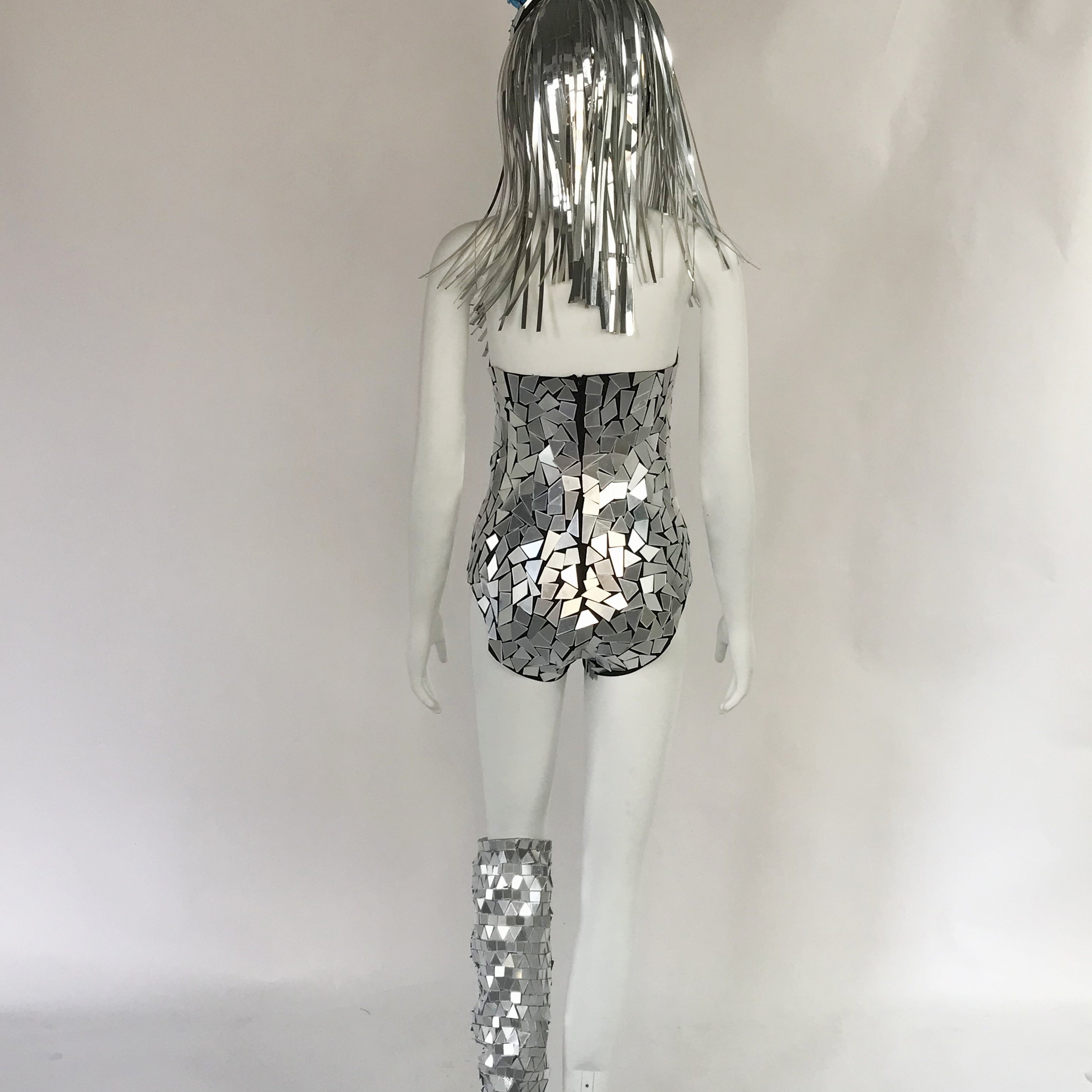 Stunning Silver Mirrored Bodysuit with Over-the-Knee Boots - Festival Rave Outfit, Coachella Party Dress, NightClubWear,disco ball bodysuit