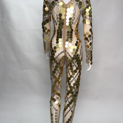 Shimmering Mirror Sequin Skin-Tone Catsuit | Long Sleeve Full-Length Performance Wear for Stage, Parties, and Special