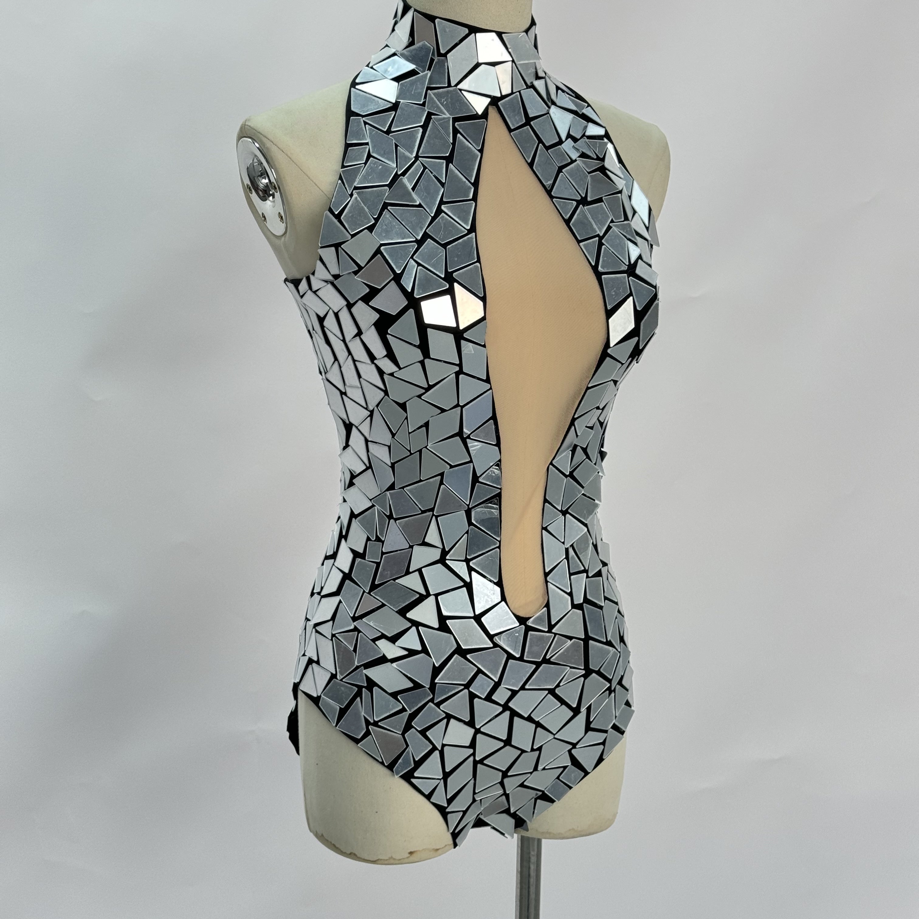 Stunning Silver Mirrored Bodysuit with Over-the-Knee Boots - Festival Rave Outfit, Coachella Party Dress, NightClubWear,disco ball bodysuit