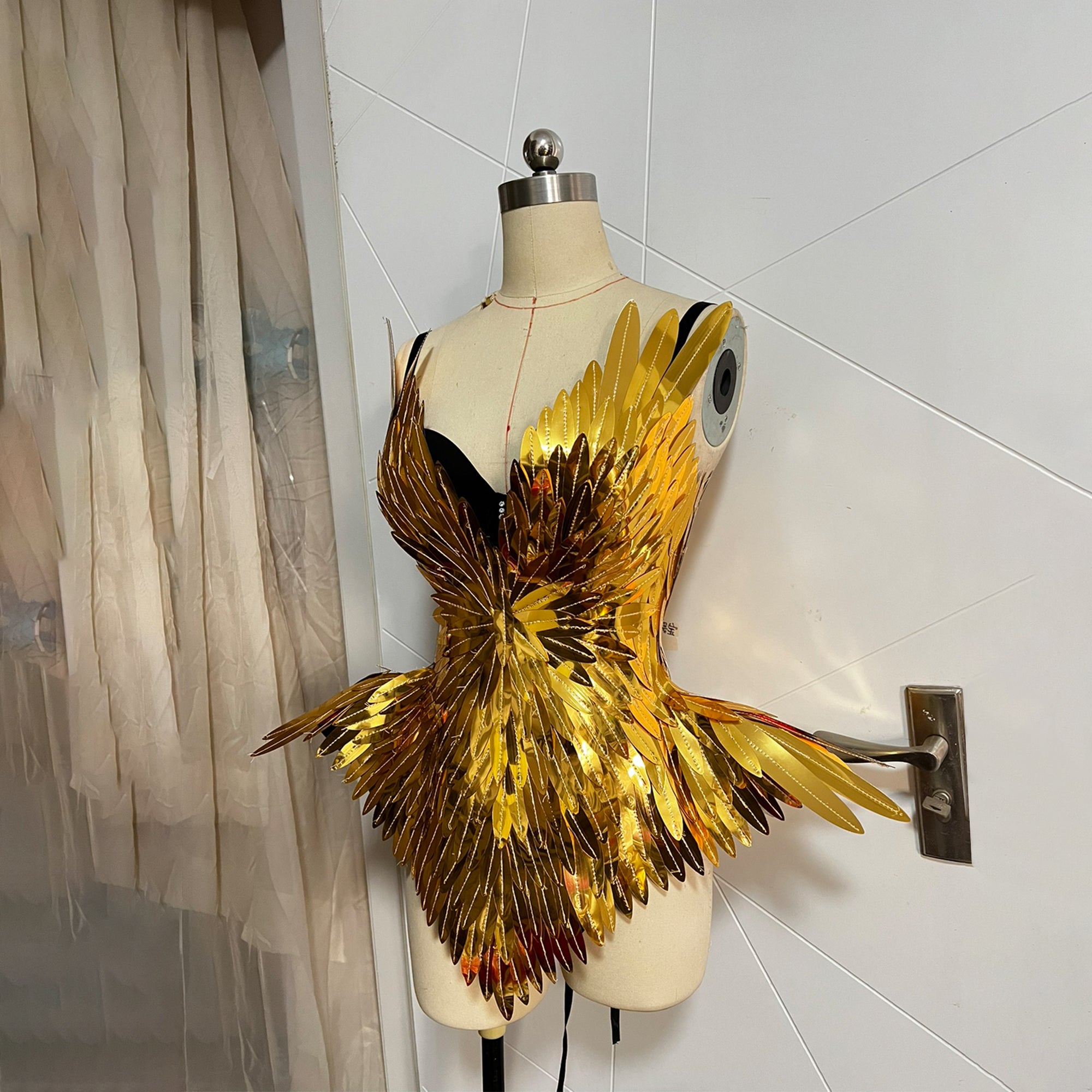 Futuristic Attire Golden Metallic Bodysuit Mirror Costume Runway Show Outfit Rave Reflective Dress