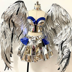 Silver Metallic Bra Camisole Mini Skirt Suit with Large Feather Wings