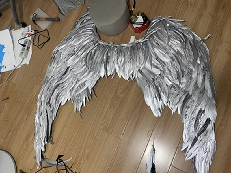 Silver Metallic Bra Camisole Mini Skirt Suit with Large Feather Wings