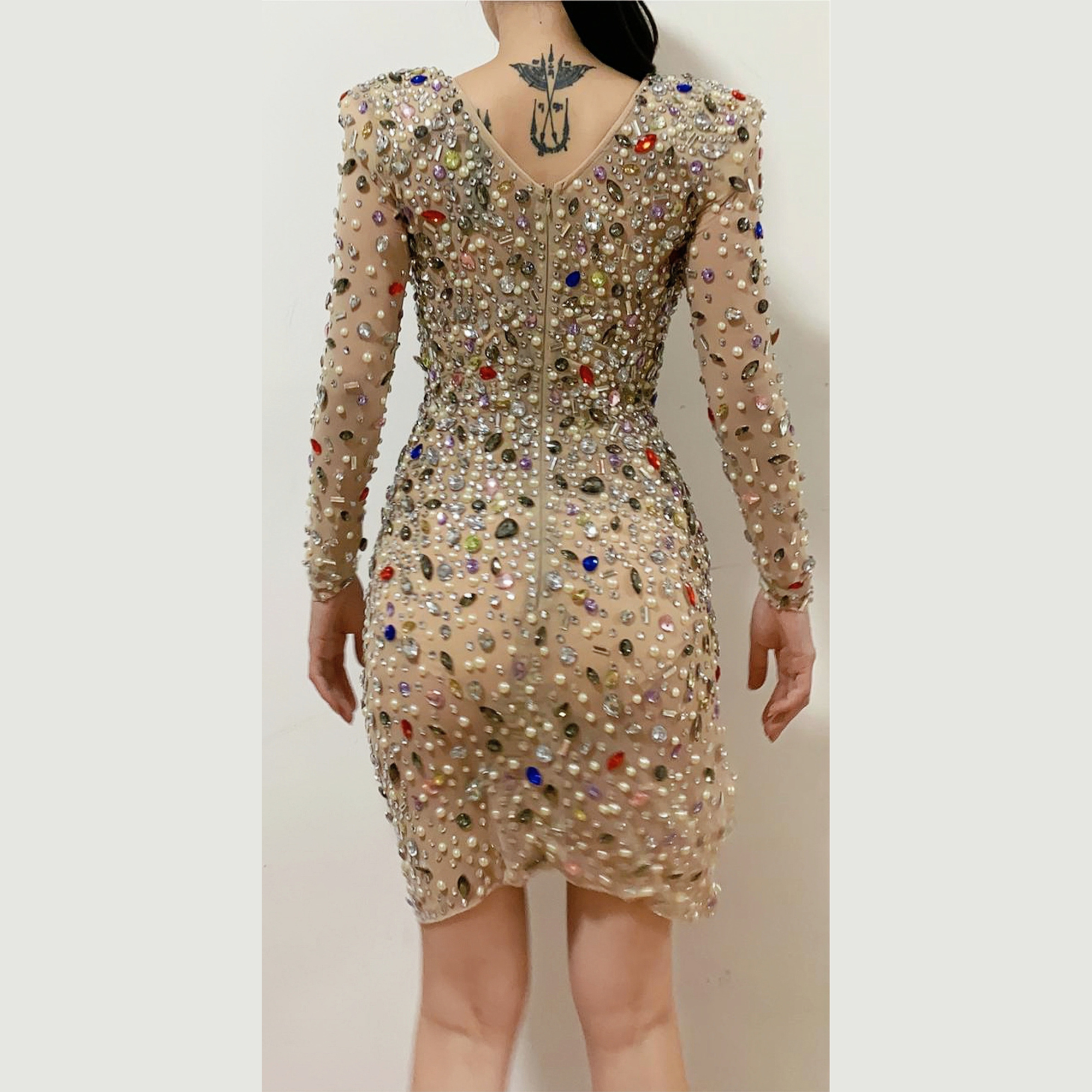 Sheer Flesh-Tone Base, Rhinestone Formal Dress