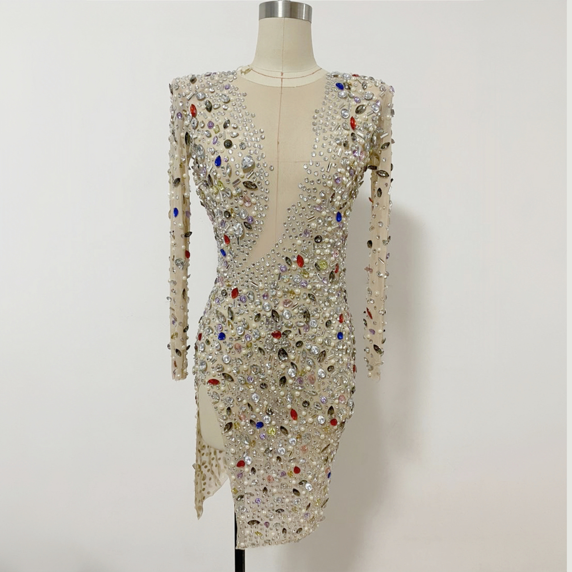 Sheer Flesh-Tone Base, Rhinestone Formal Dress