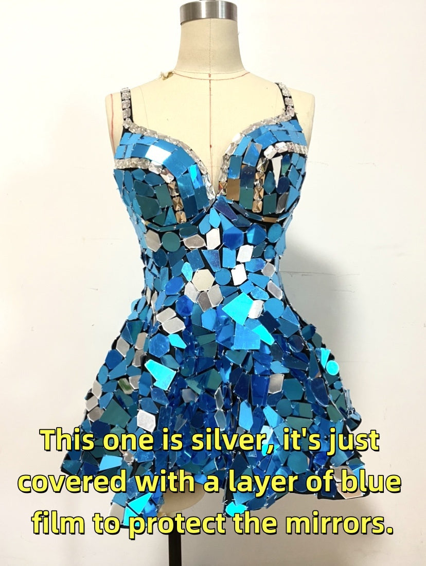 Mirror Spaghetti Strap Dress Mirror Skirt Nightclub Rave Outfit EDM Festival Attire Party Girl Costume Flowy Party Wear