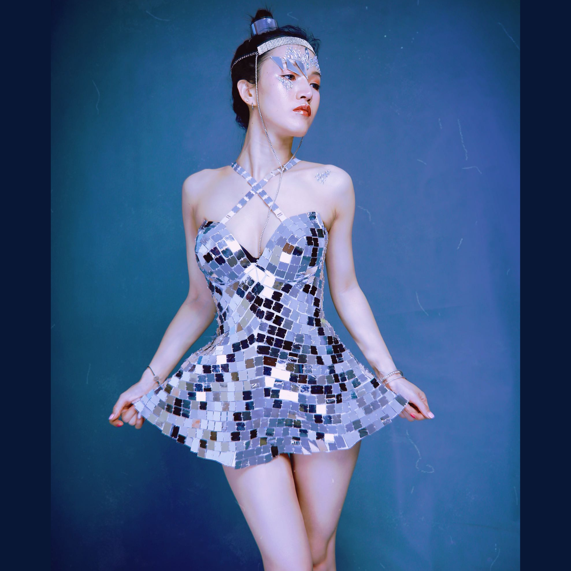 Silver Mirror Sequin Costume Mini Dress Rave Queen Bodysuit EDM Party Outfit Dancewear Festival Wardrobe Nightclub Flowy Dancewear