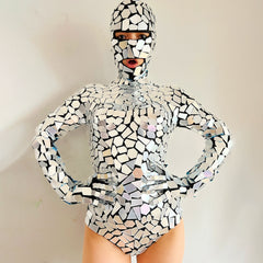 Shiny Mirror Bodysuit for Festivals Futuristic Silver Jumpsuit Reflective Disco Body Suit Rave Attire Holographic Party Outfit Stage Wear
