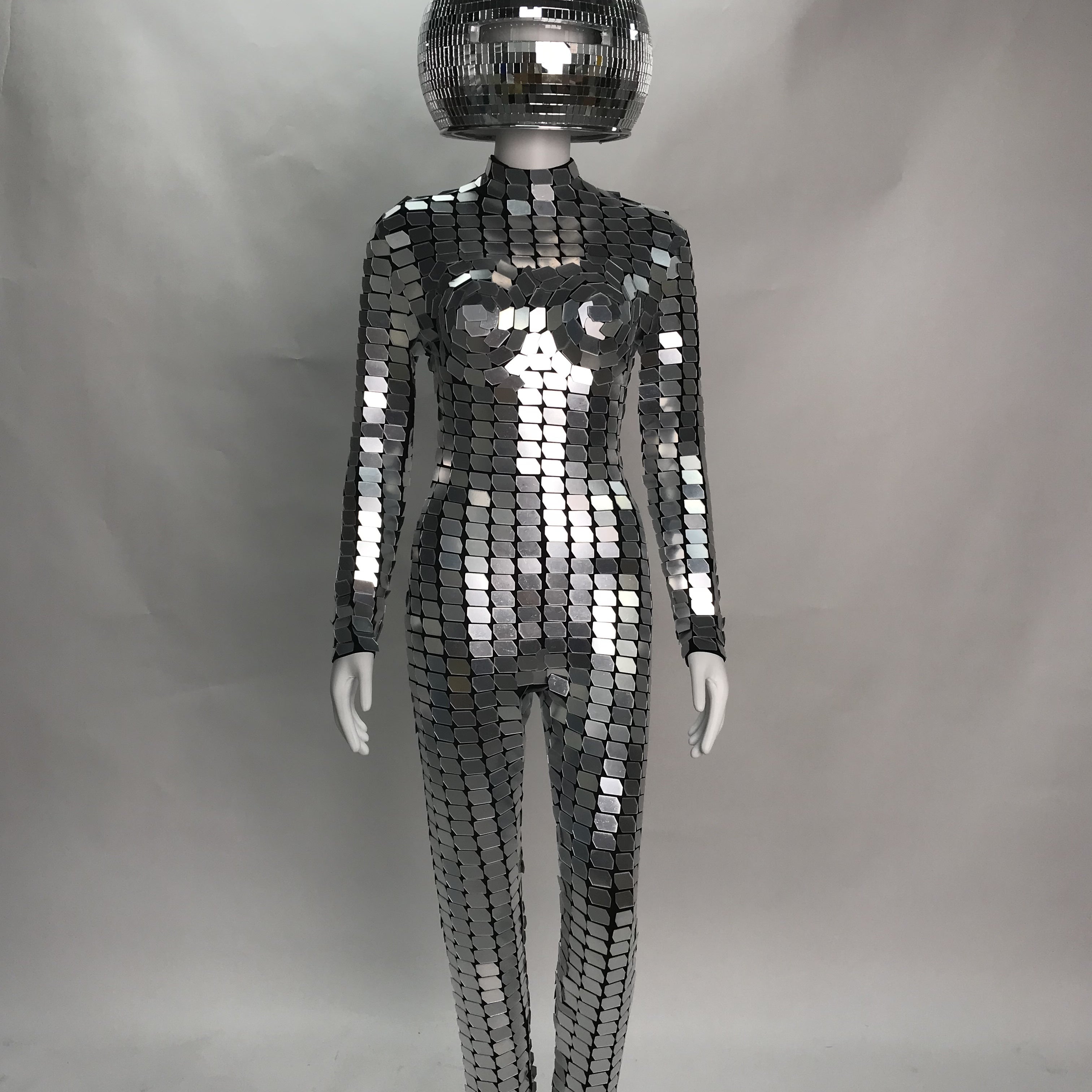 Futuristic Silver Mirror Chainmail Jumpsuit with 30cm Disco Helmet, Celebrate in Style at Disco,  Parties, Burning Man, Halloween, Parade
