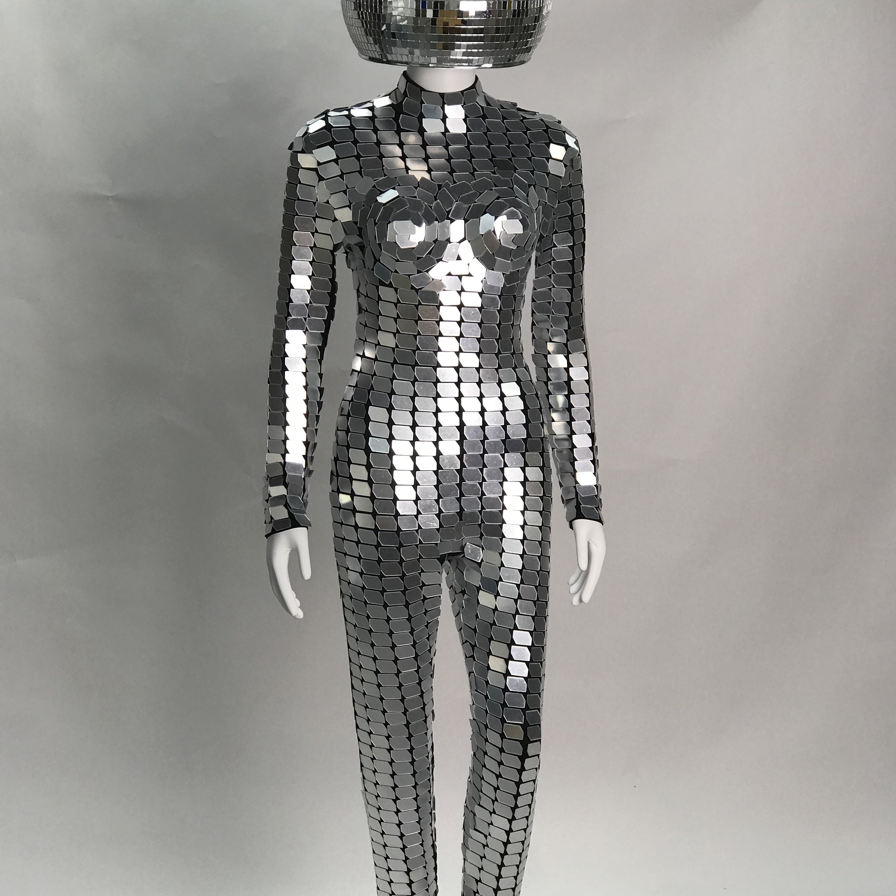 Futuristic Silver Mirror Chainmail Jumpsuit with 30cm Disco Helmet, Celebrate in Style at Disco,  Parties, Burning Man, Halloween, Parade