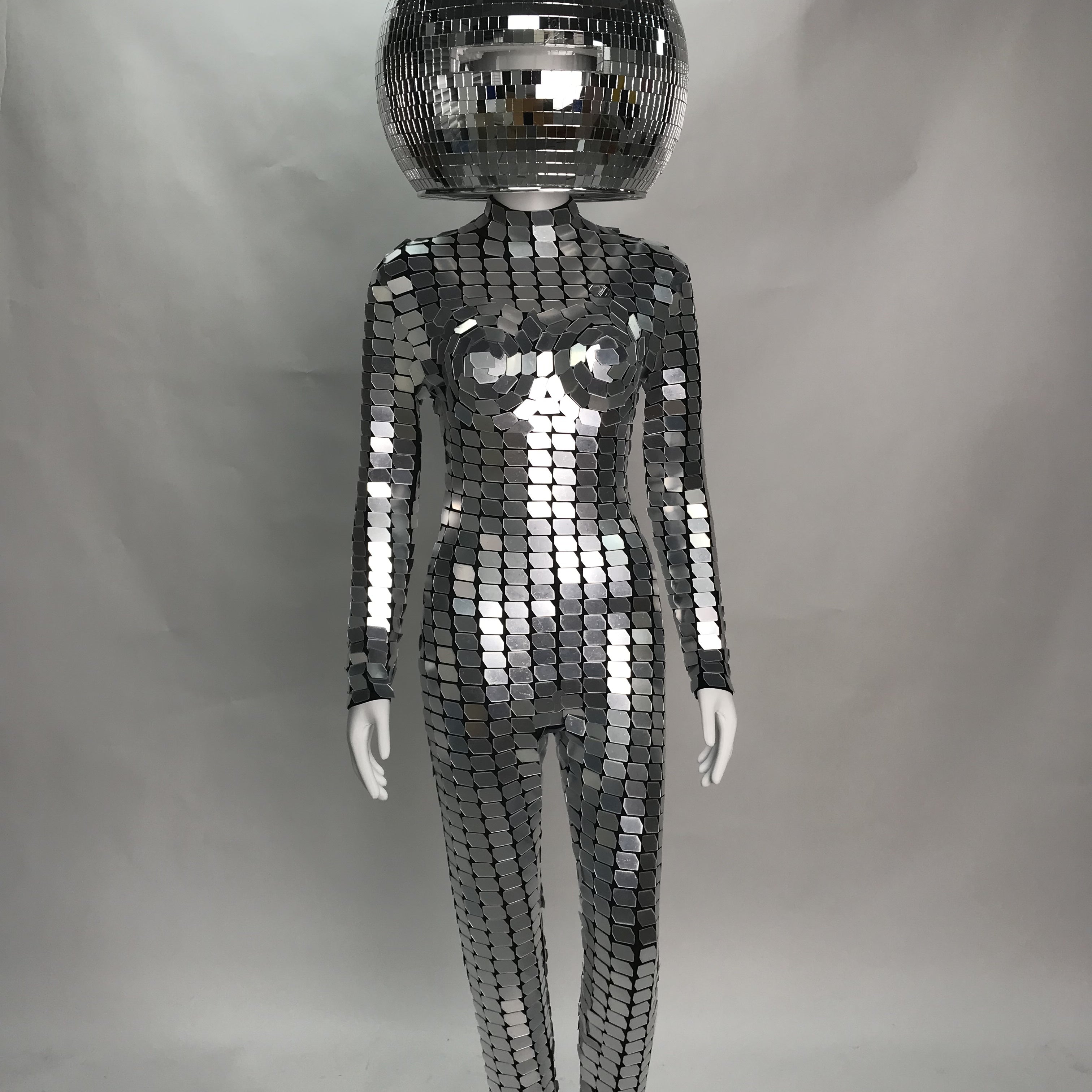 Futuristic Silver Mirror Chainmail Jumpsuit with 40cm Disco Helmet, Celebrate in Style at Disco,  Parties, Burning Man, Halloween, Parade
