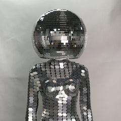 Futuristic Silver Mirror Chainmail Jumpsuit with 40cm Disco Helmet, Celebrate in Style at Disco,  Parties, Burning Man, Halloween, Parade