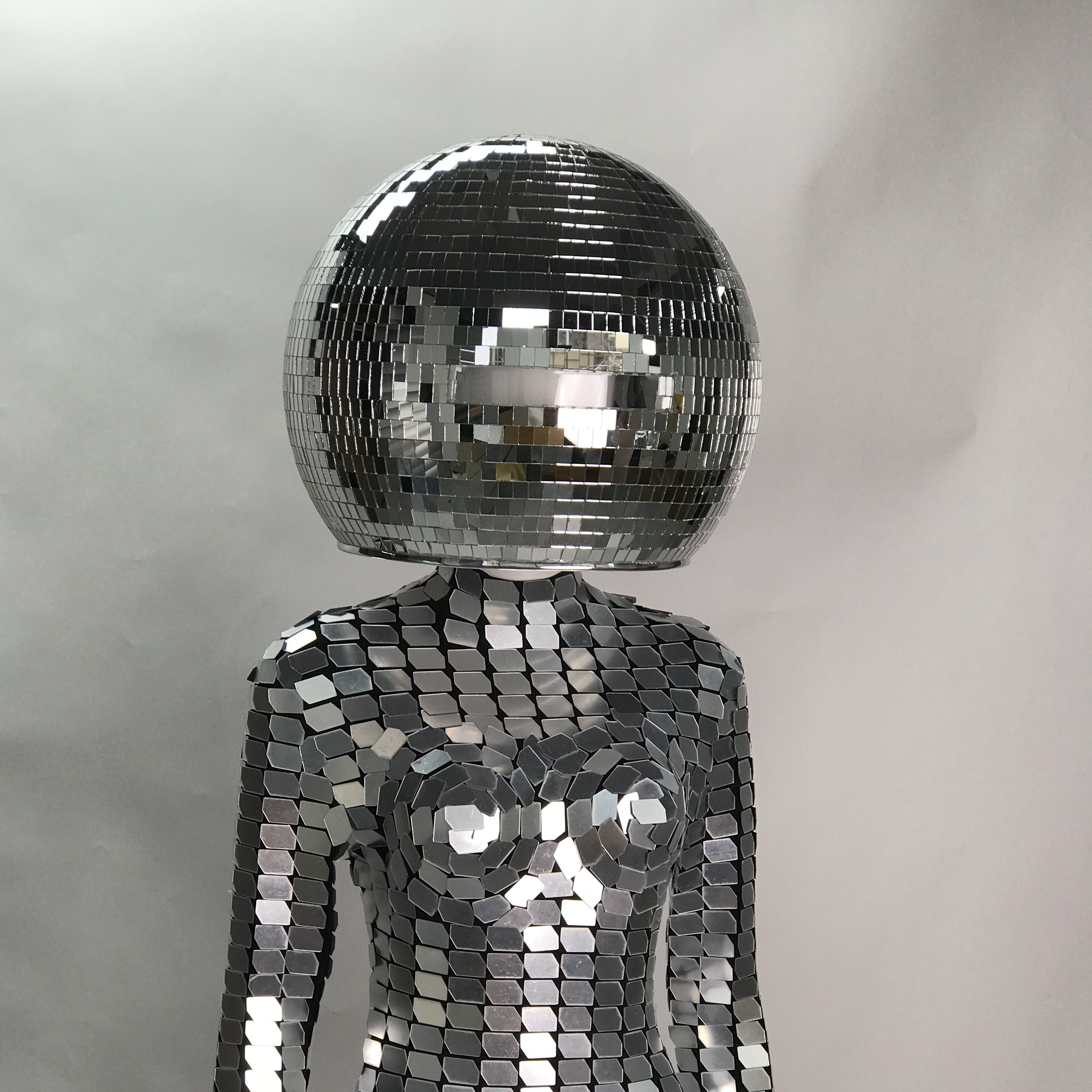 Futuristic Silver Mirror Chainmail Jumpsuit with 40cm Disco Helmet, Celebrate in Style at Disco,  Parties, Burning Man, Halloween, Parade