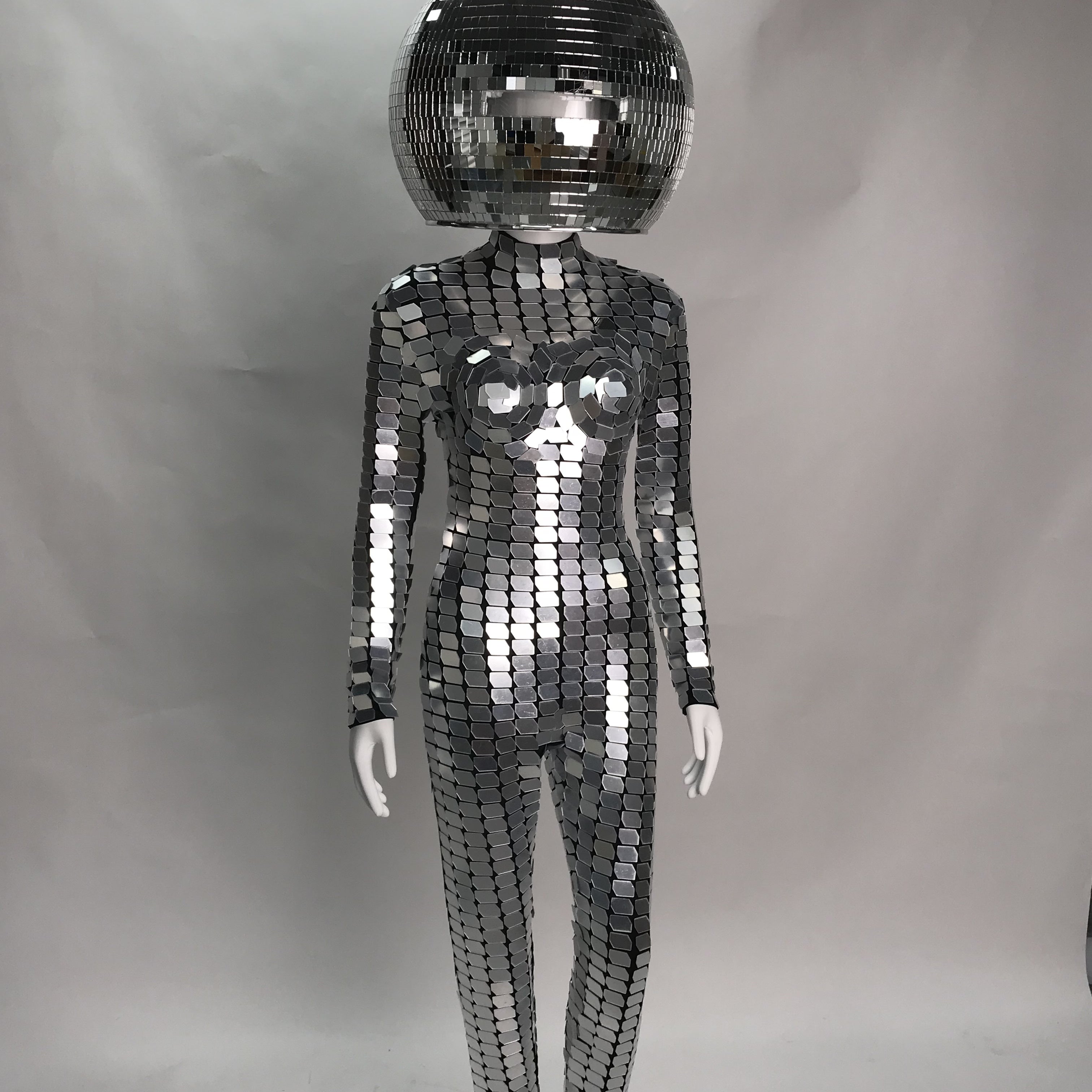 Futuristic Silver Mirror Chainmail Jumpsuit with 40cm Disco Helmet, Celebrate in Style at Disco,  Parties, Burning Man, Halloween, Parade