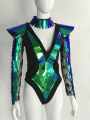 Dazzling Holographic High Slit Catsuit - Metallic Futuristic Jumpsuit for Unforgettable Party & Rave Outfits, Unique Dress, dancer wear