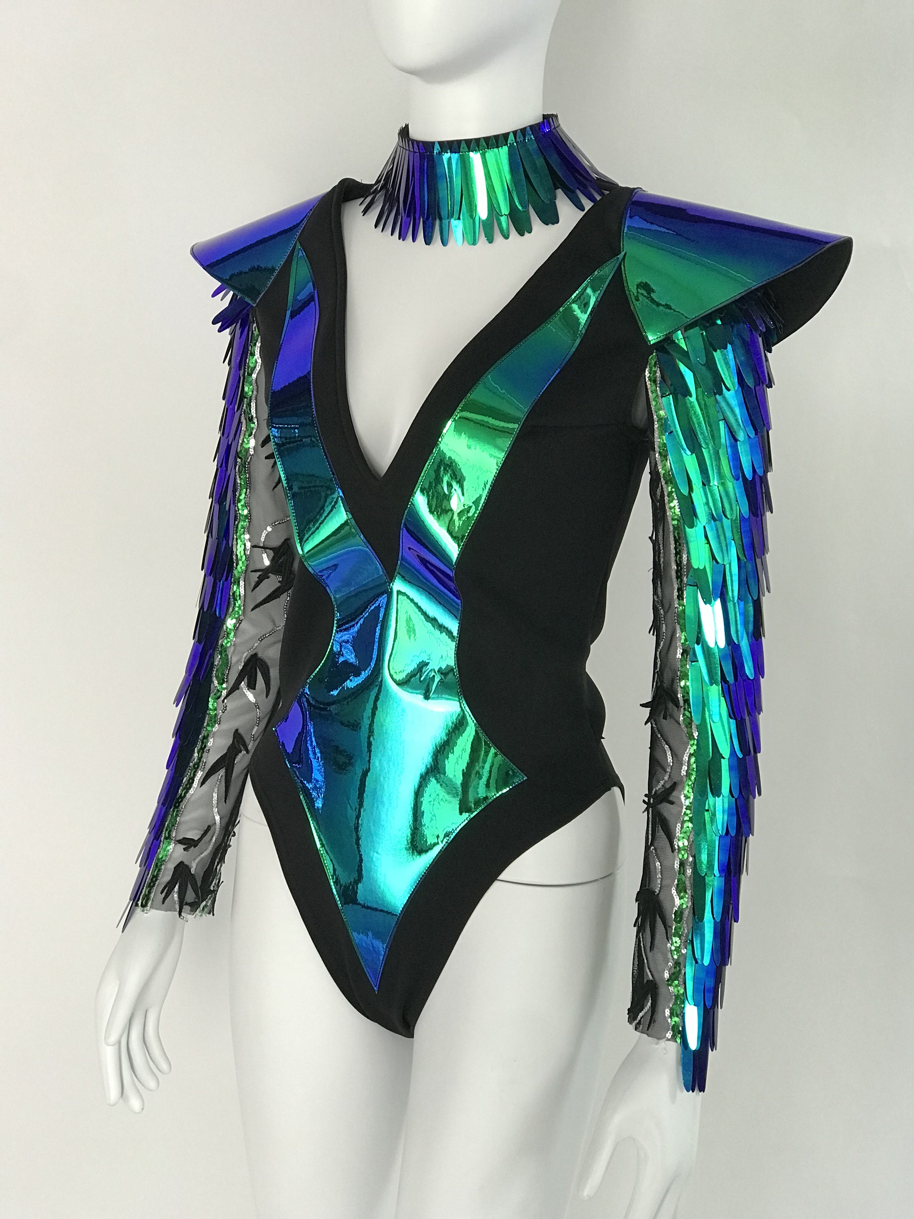 Dazzling Holographic High Slit Catsuit - Metallic Futuristic Jumpsuit for Unforgettable Party & Rave Outfits, Unique Dress, dancer wear