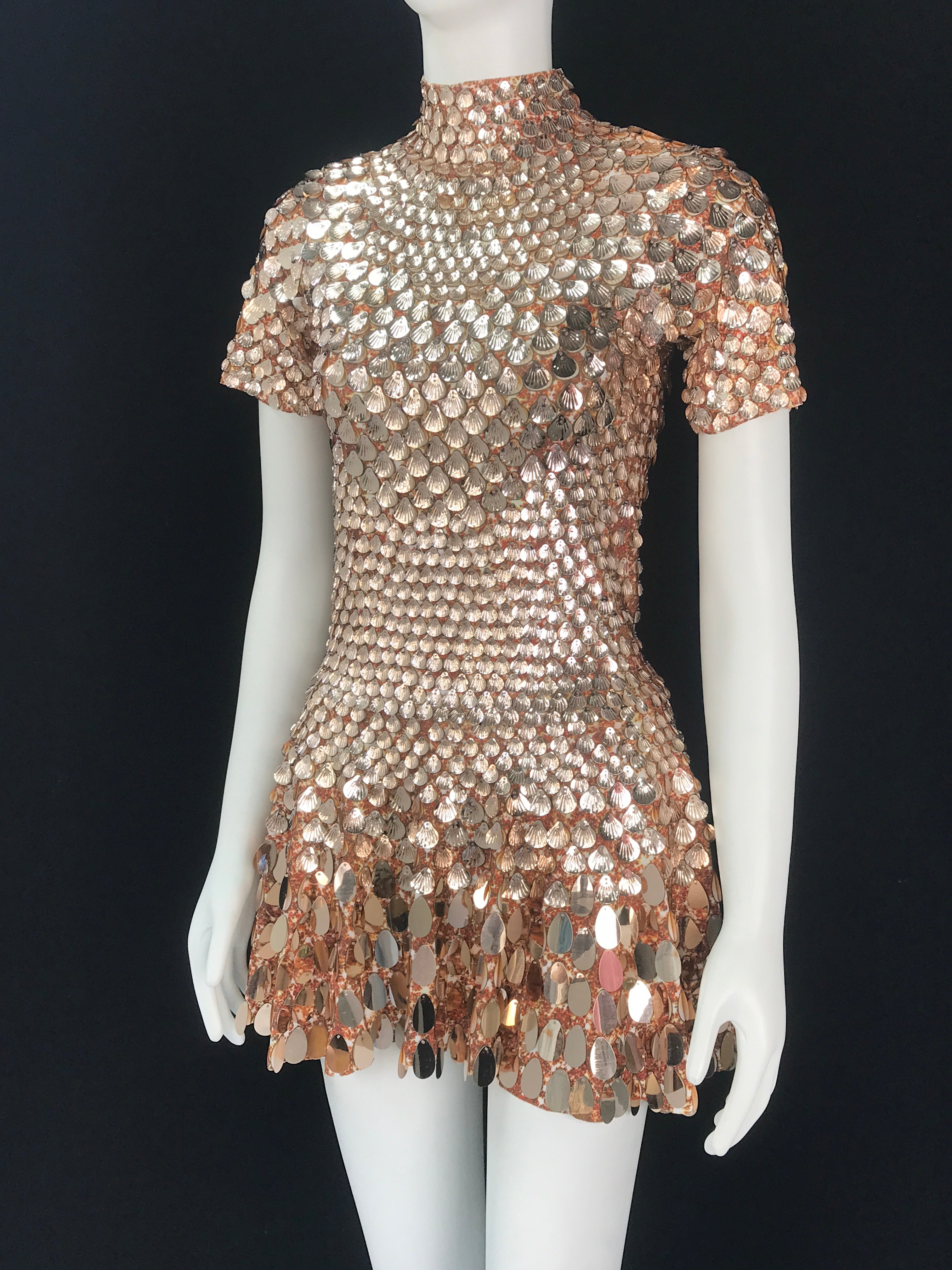 One-Size Shell Sequin Mini Dress: Mermaid Bodycon Nightclub Party Dress | High Neck Short Sleeve