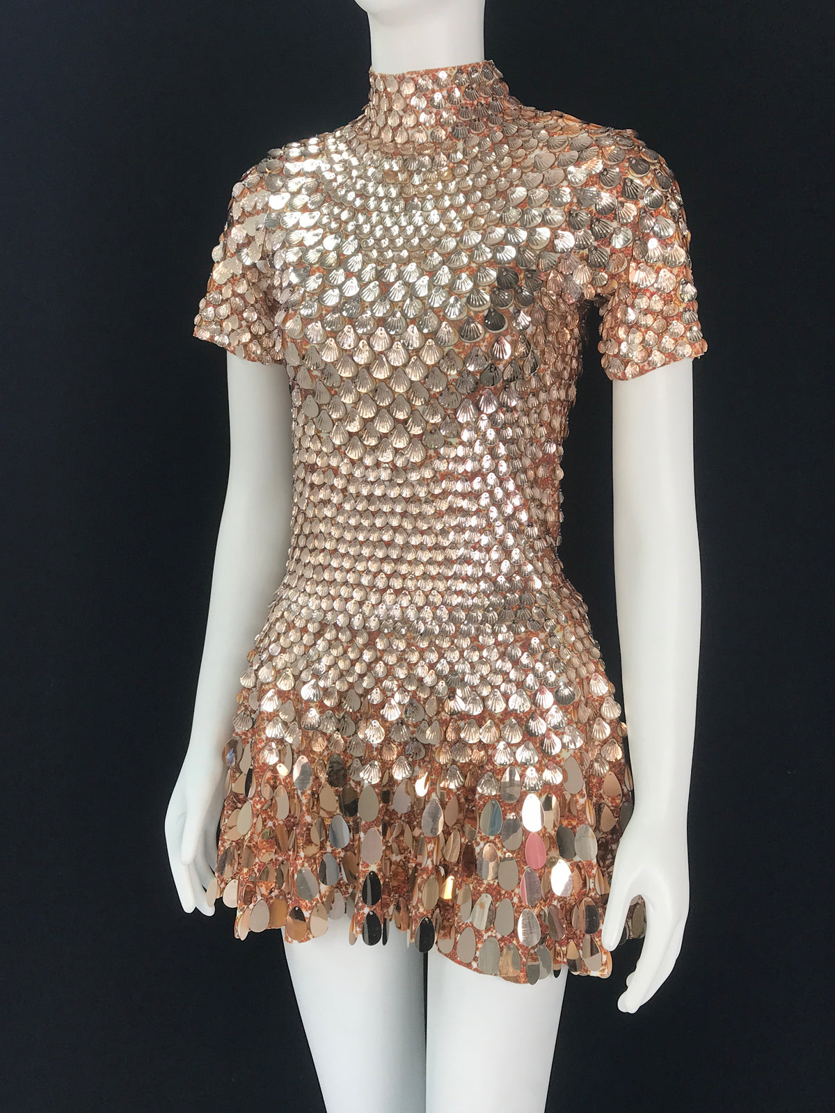One-Size Shell Sequin Mini Dress: Mermaid Bodycon Nightclub Party Dress | High Neck Short Sleeve