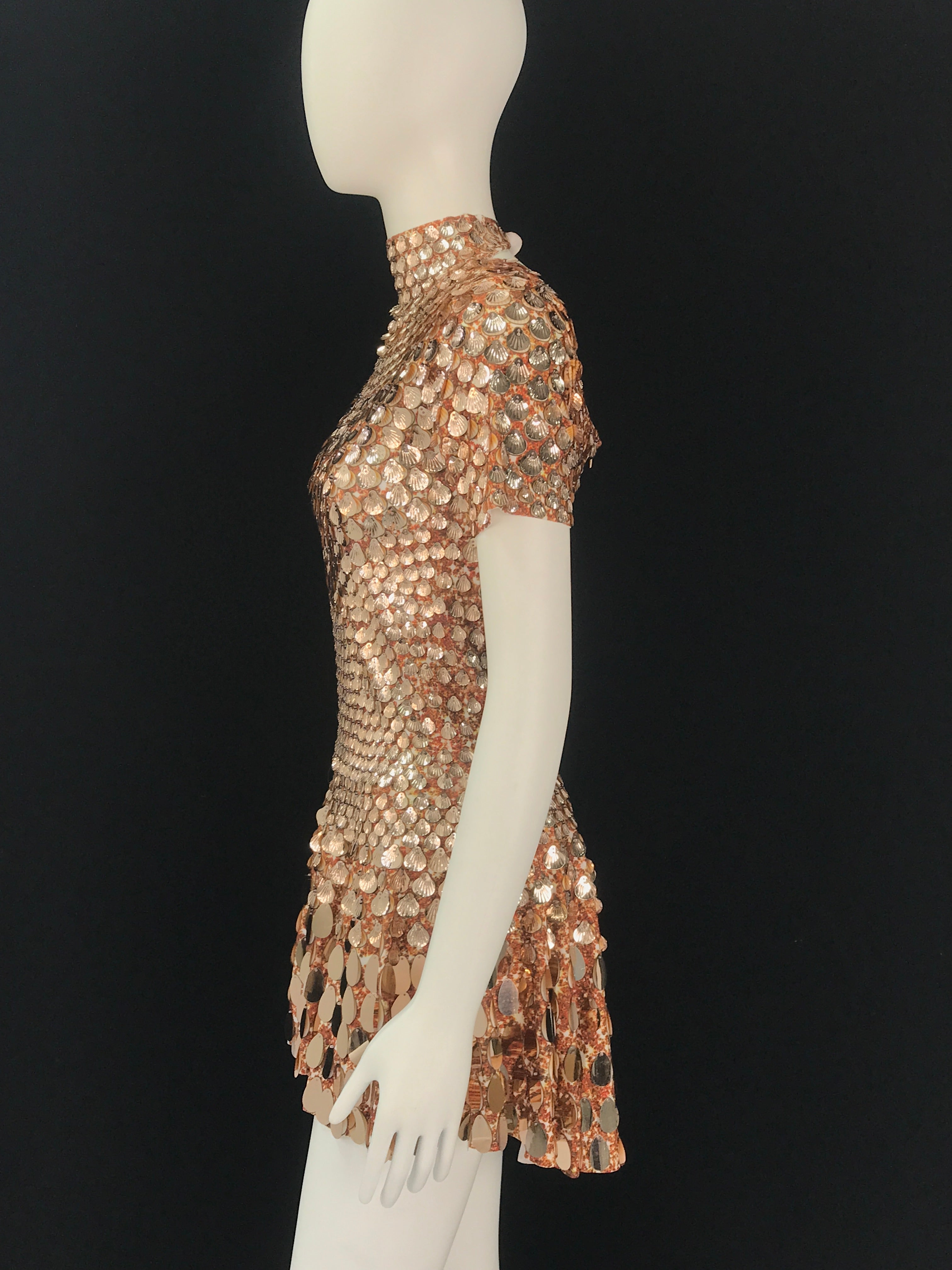 One-Size Shell Sequin Mini Dress: Mermaid Bodycon Nightclub Party Dress | High Neck Short Sleeve