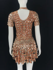 One-Size Shell Sequin Mini Dress: Mermaid Bodycon Nightclub Party Dress | High Neck Short Sleeve