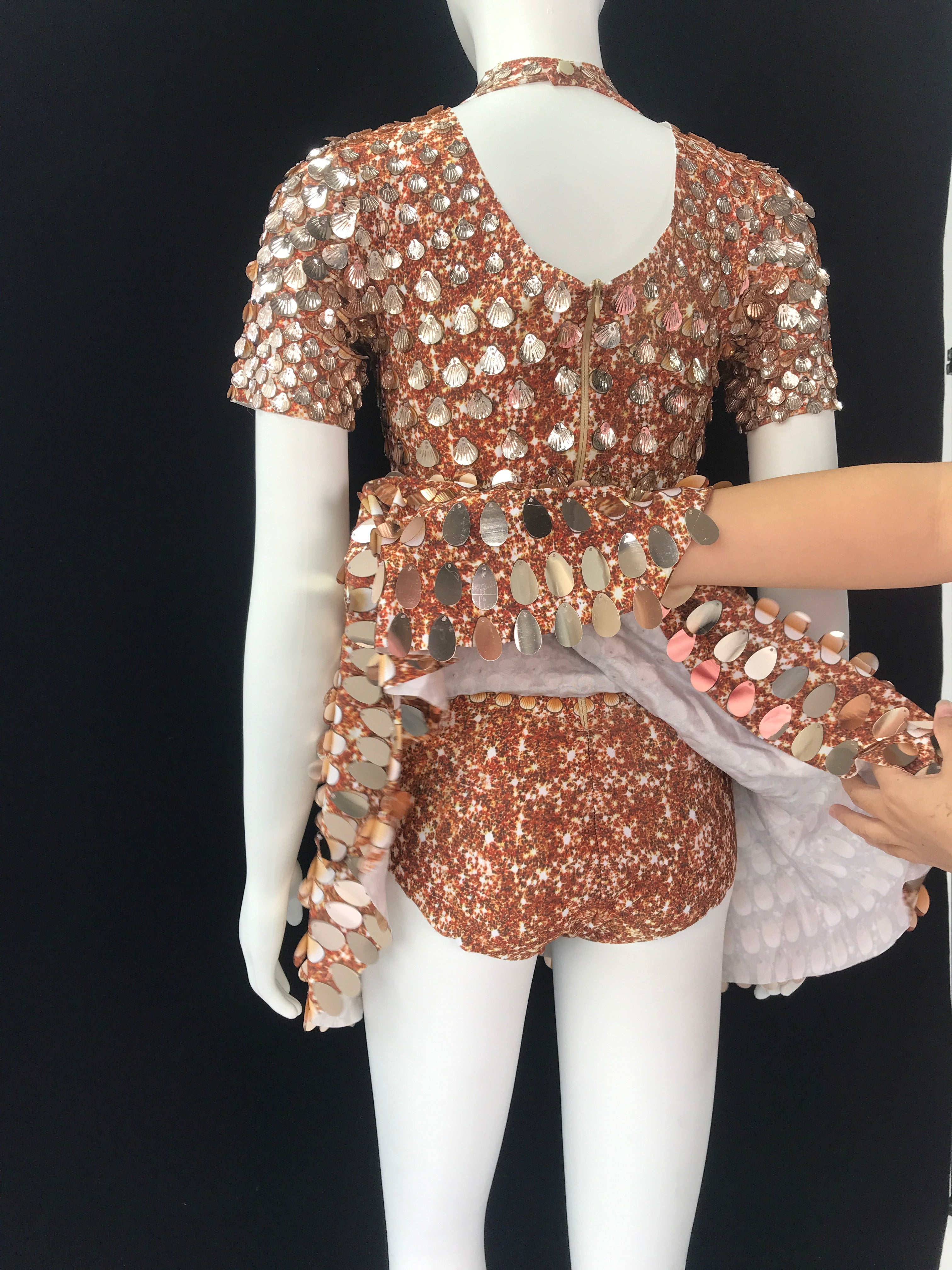 One-Size Shell Sequin Mini Dress: Mermaid Bodycon Nightclub Party Dress | High Neck Short Sleeve