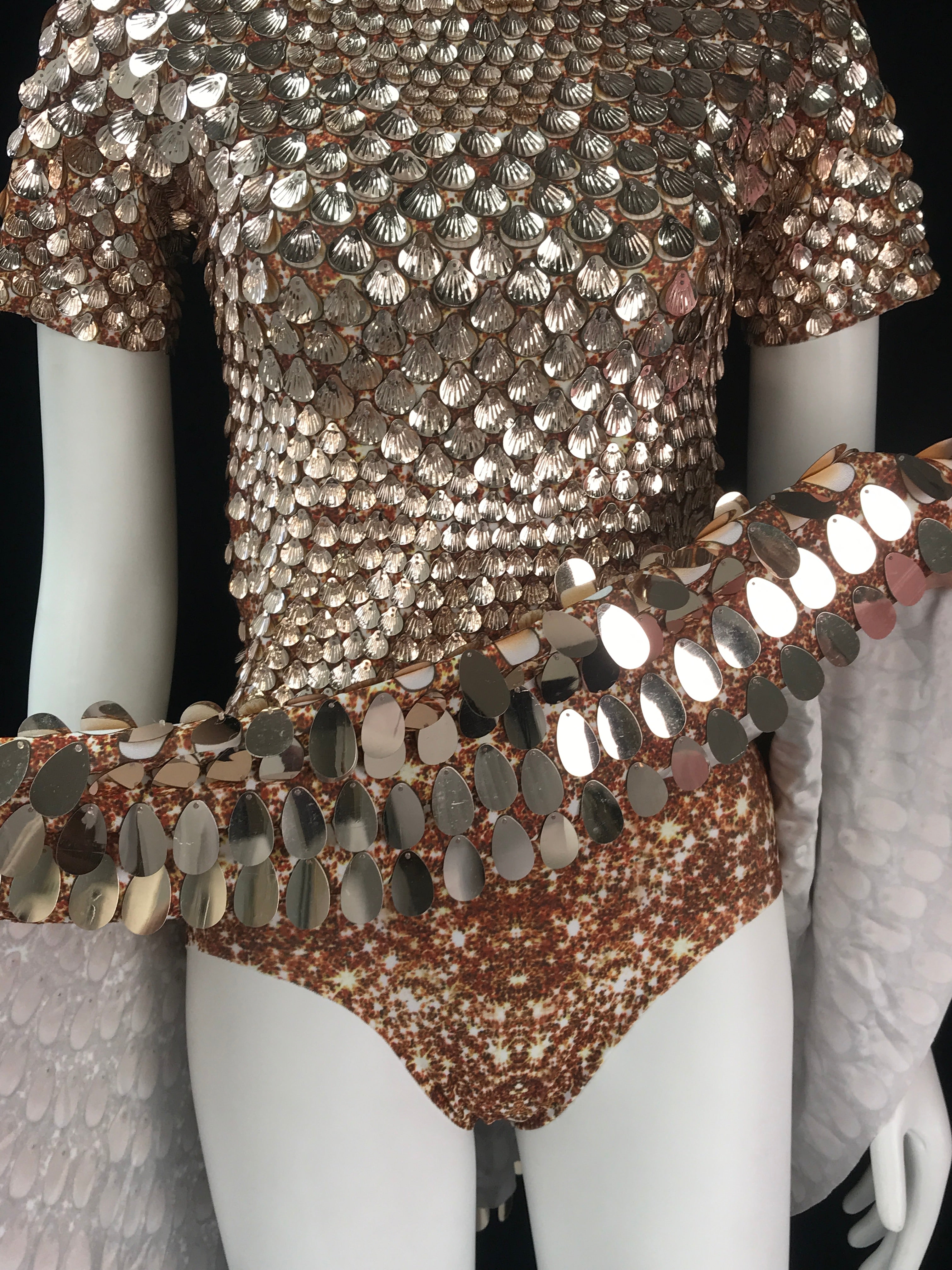 One-Size Shell Sequin Mini Dress: Mermaid Bodycon Nightclub Party Dress | High Neck Short Sleeve