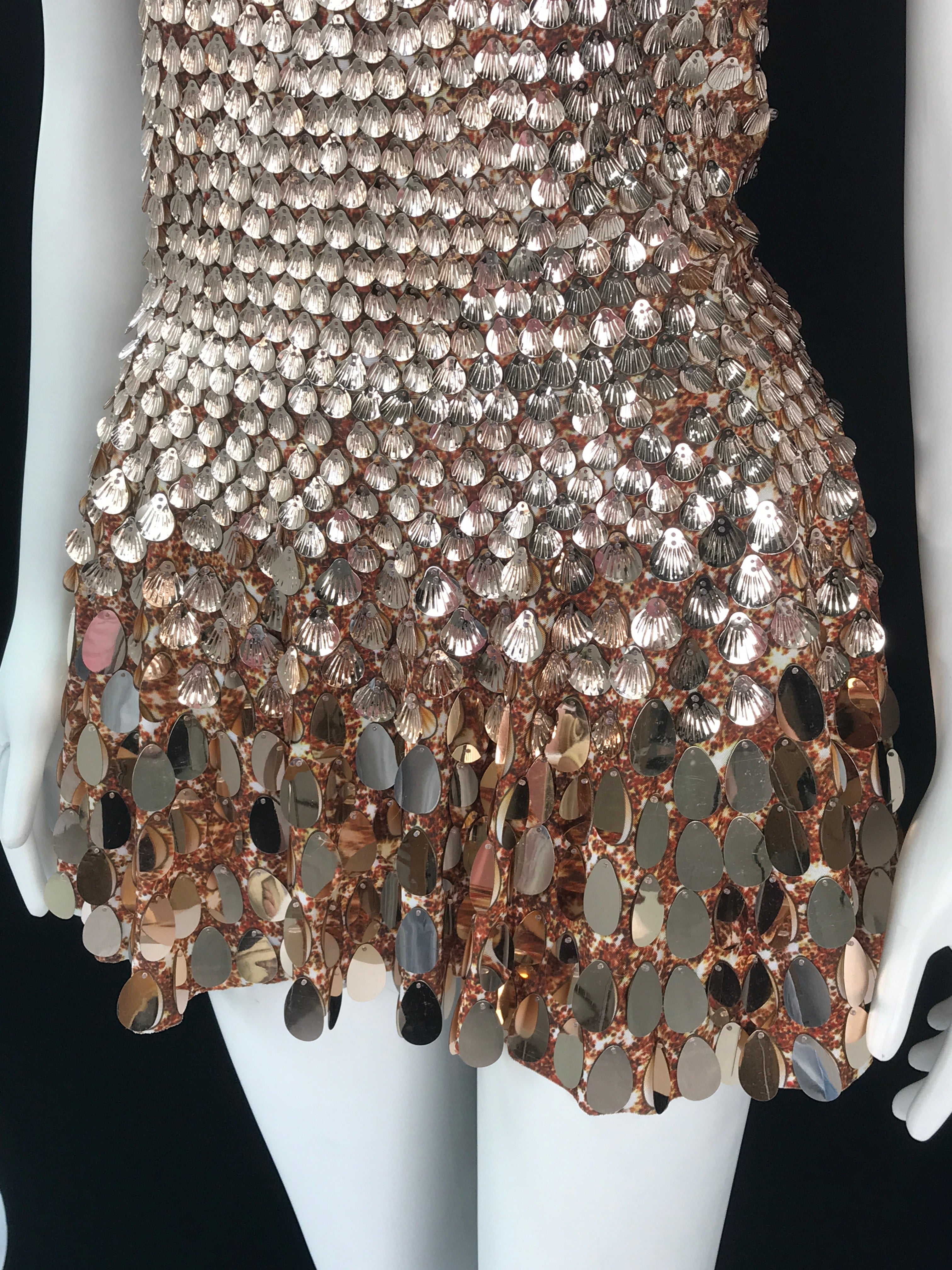 One-Size Shell Sequin Mini Dress: Mermaid Bodycon Nightclub Party Dress | High Neck Short Sleeve