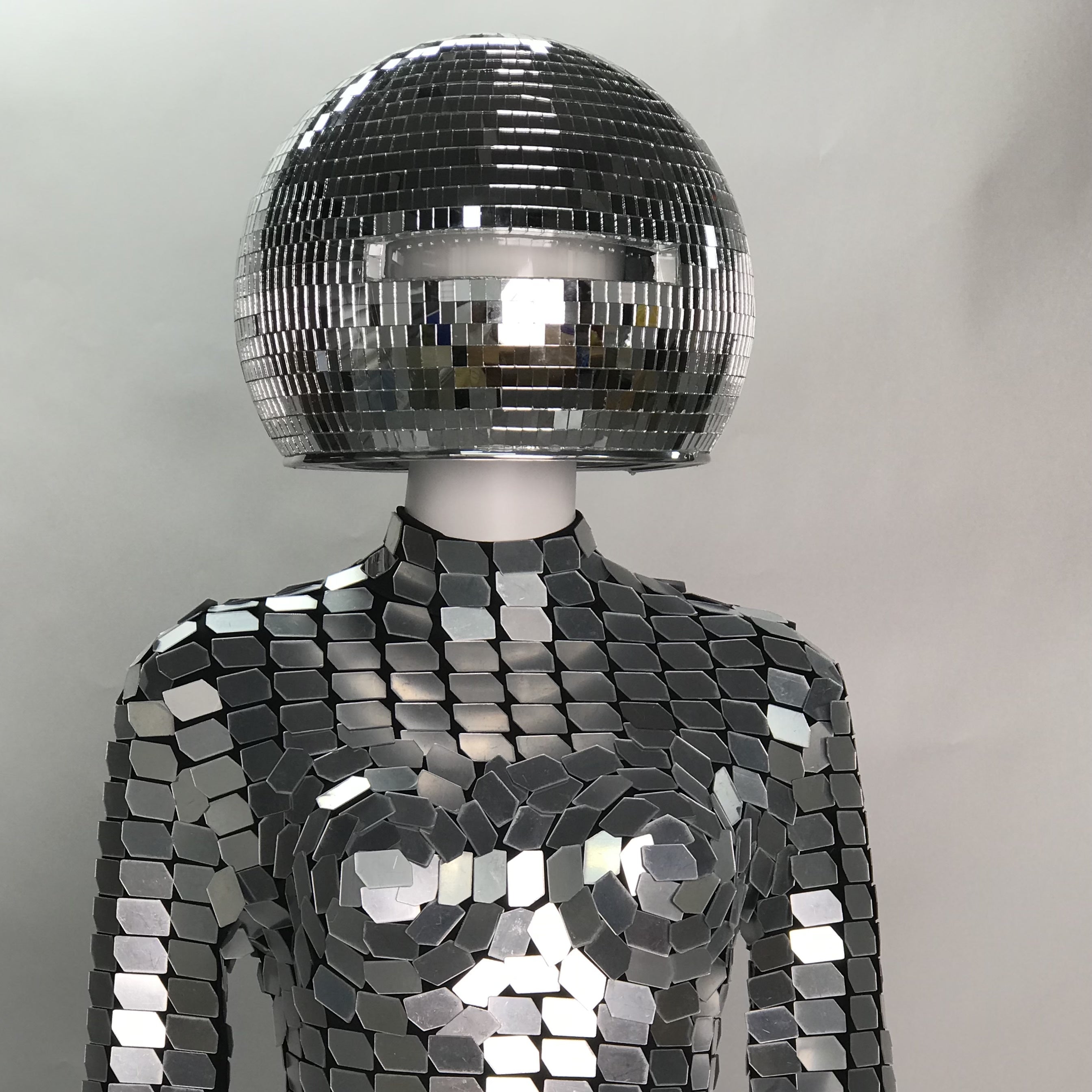 Futuristic Silver Mirror Chainmail Jumpsuit with 30cm Disco Helmet, Celebrate in Style at Disco,  Parties, Burning Man, Halloween, Parade