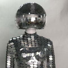 Futuristic Silver Mirror Chainmail Jumpsuit with 30cm Disco Helmet, Celebrate in Style at Disco,  Parties, Burning Man, Halloween, Parade
