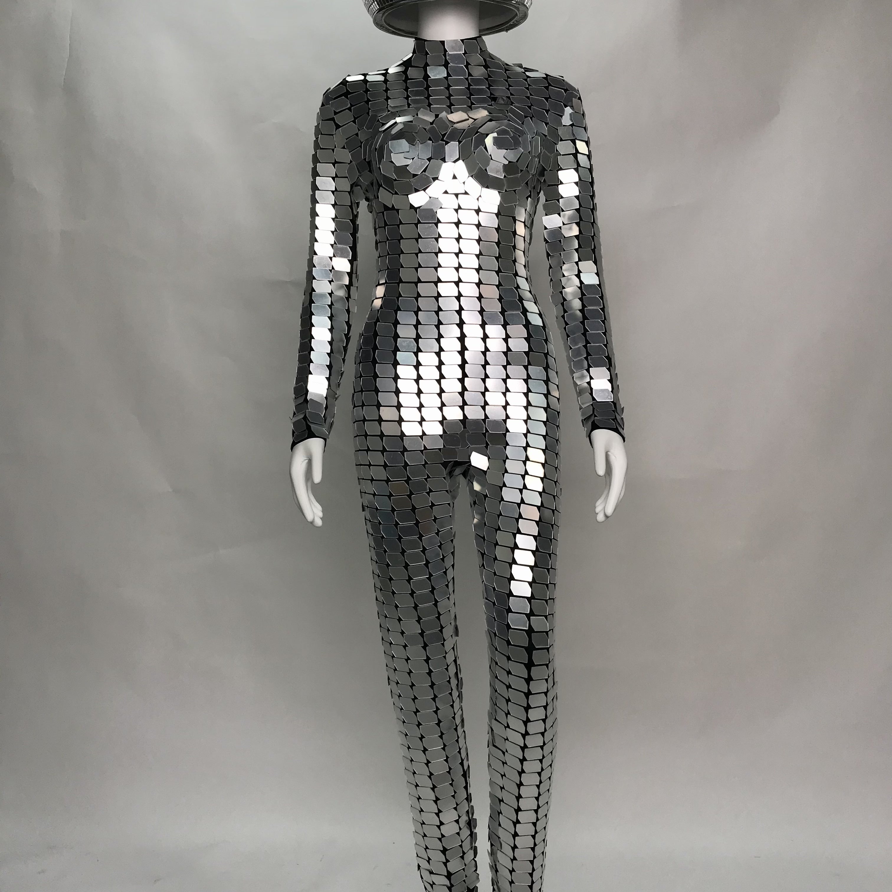Futuristic Silver Mirror Chainmail Jumpsuit with 30cm Disco Helmet, Celebrate in Style at Disco,  Parties, Burning Man, Halloween, Parade