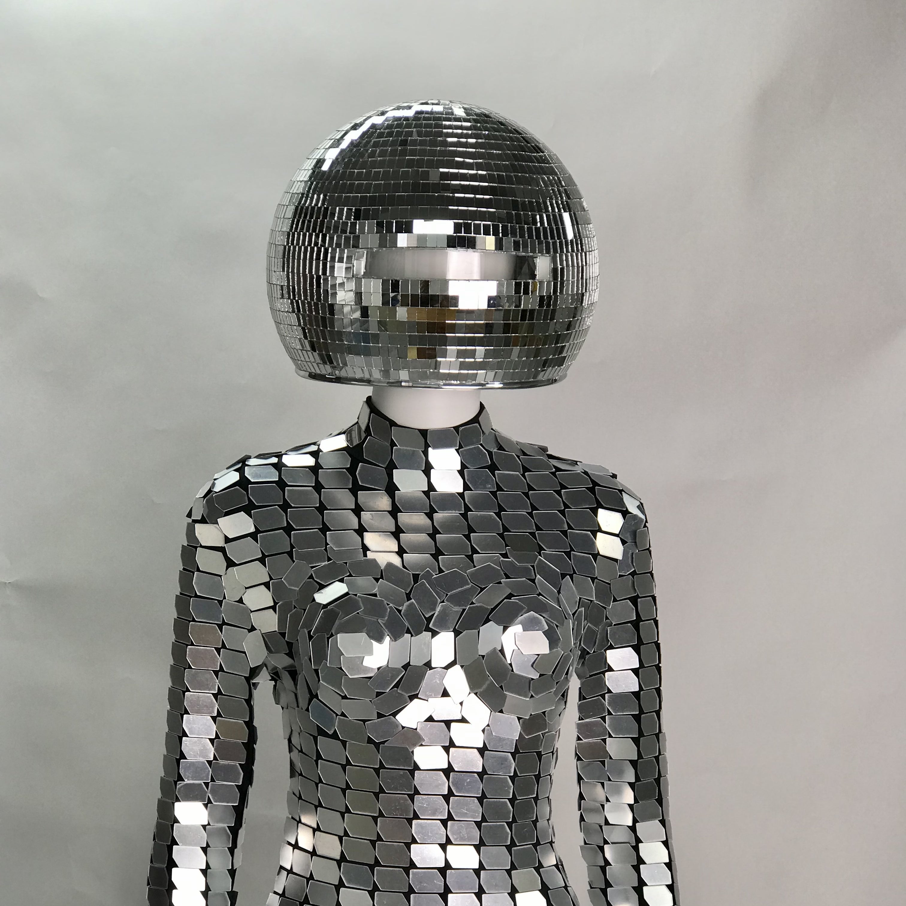 Futuristic Silver Mirror Chainmail Jumpsuit with 30cm Disco Helmet, Celebrate in Style at Disco,  Parties, Burning Man, Halloween, Parade